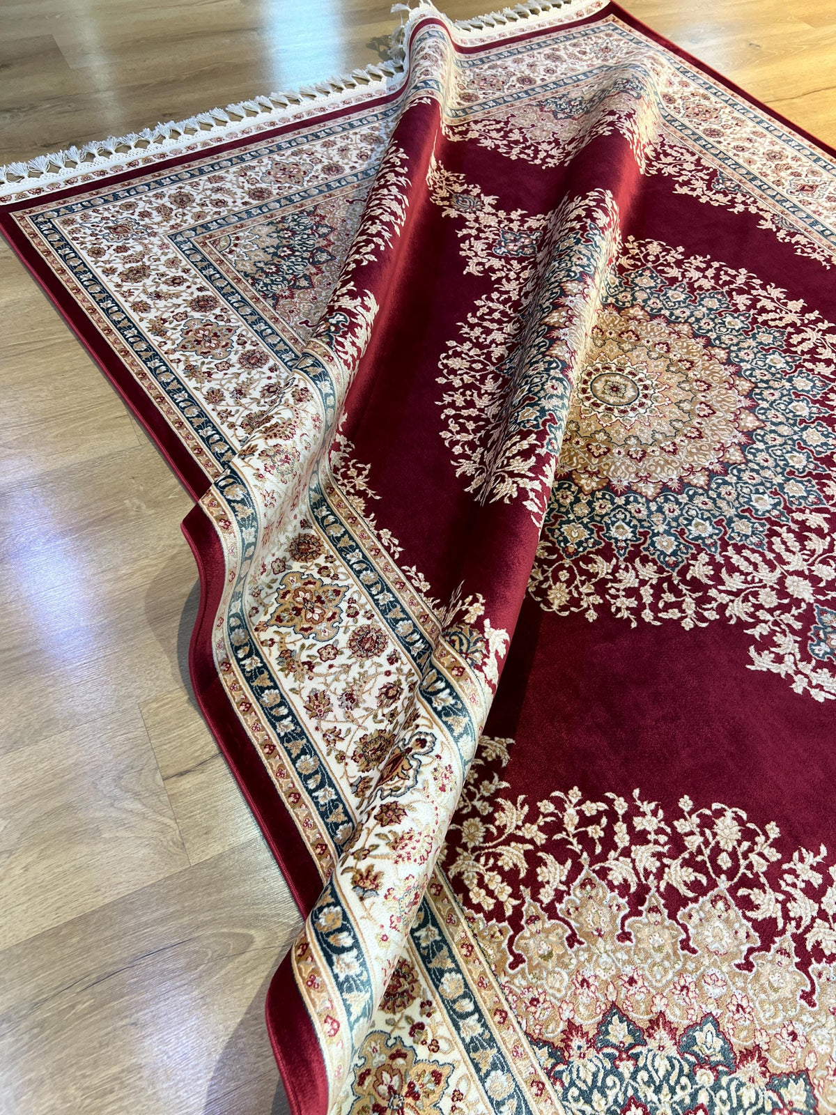 5x8 ft Red Silk Rug, Blue Gold Medallion, Classic Turkish Carpet, Luxury Rug