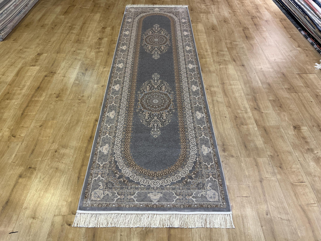 Gray Medallion Turkish Silk Runner Rug, Classic Luxury Hallway Rug