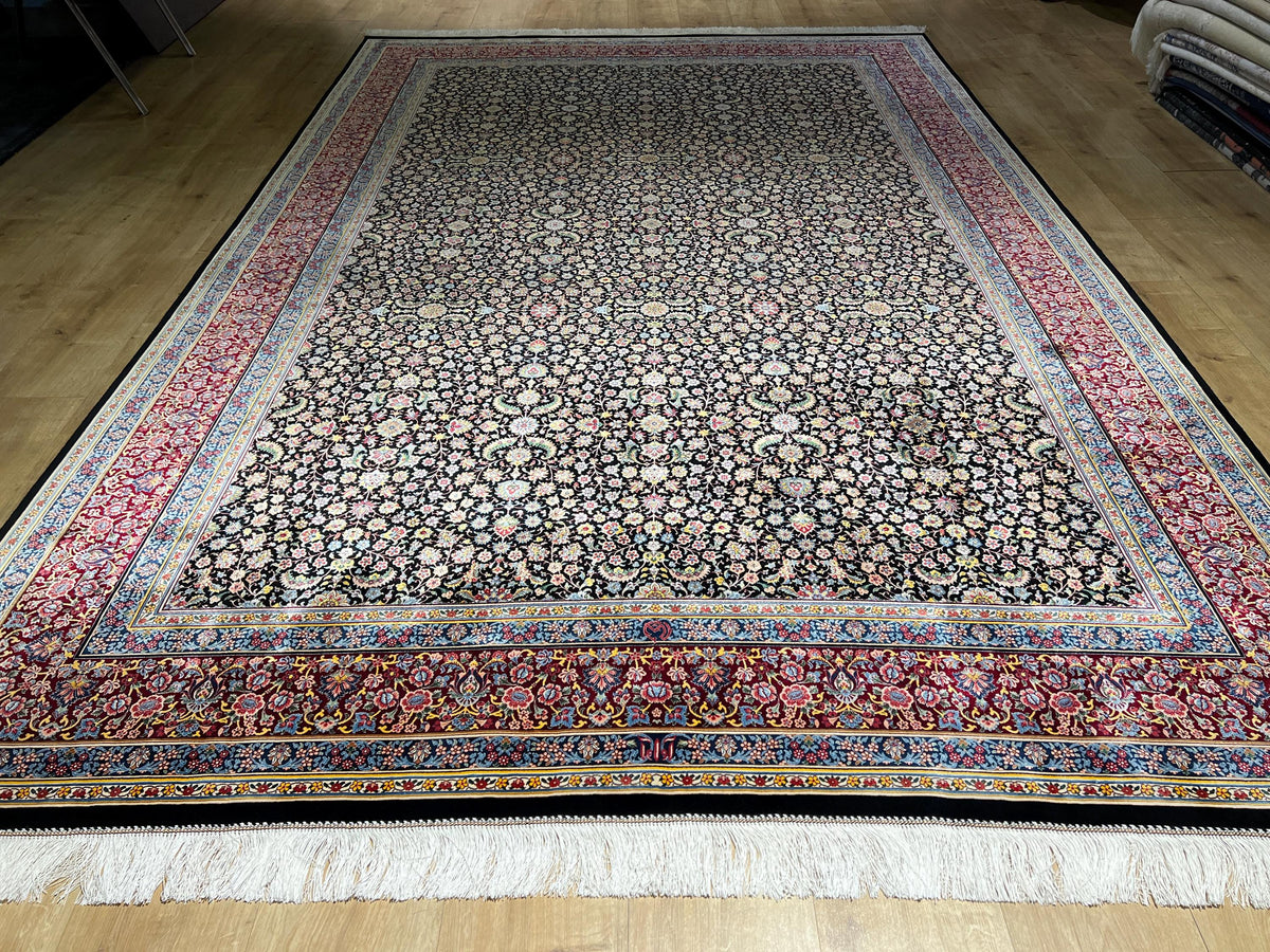 7x10 Ft Black Silk Rug With Red Border, Traditional Floral Classic Design