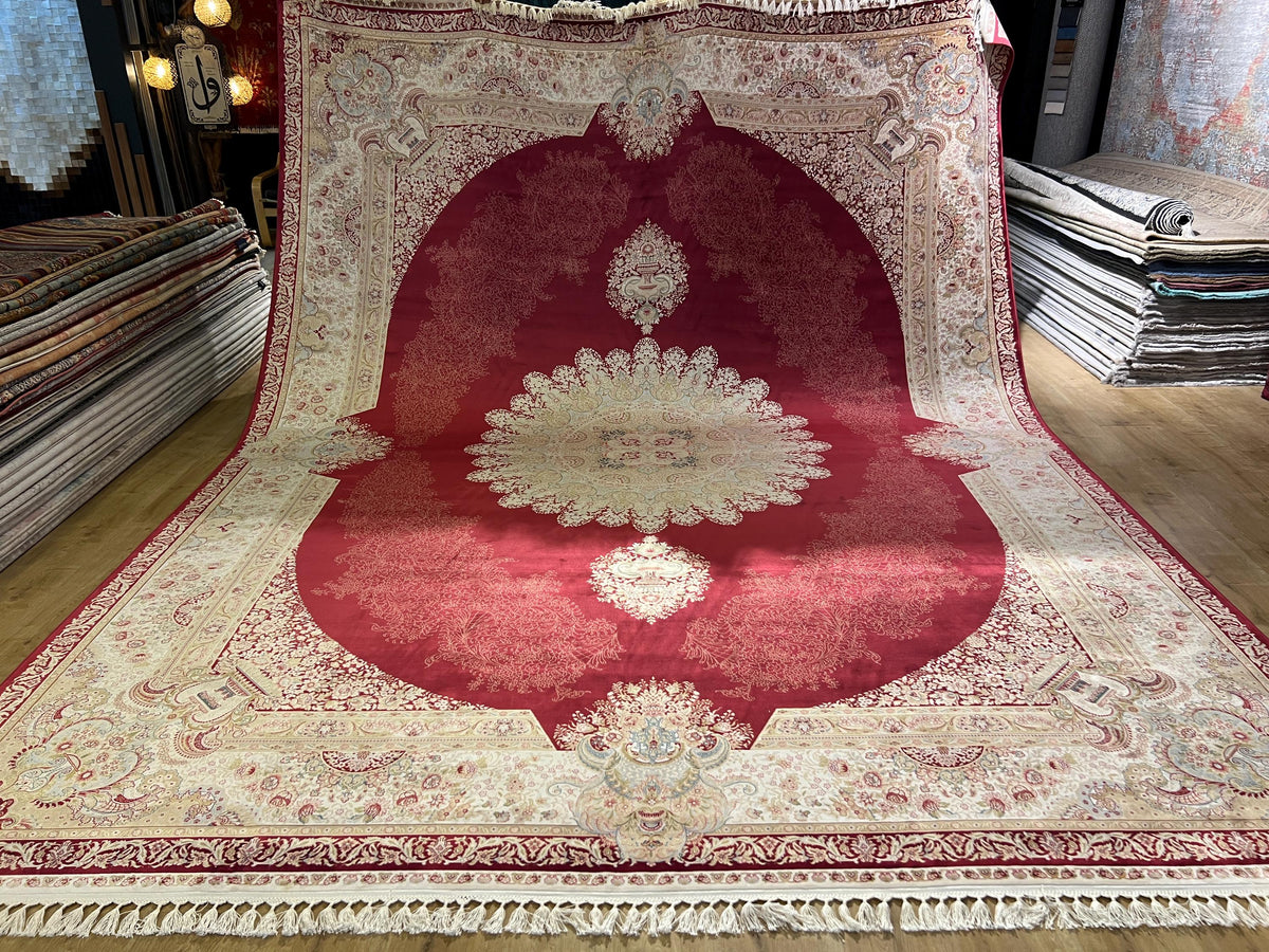 Red Bamboo Silk Rug 10x13 ft, Large Luxury Area Rug with Medallion Design