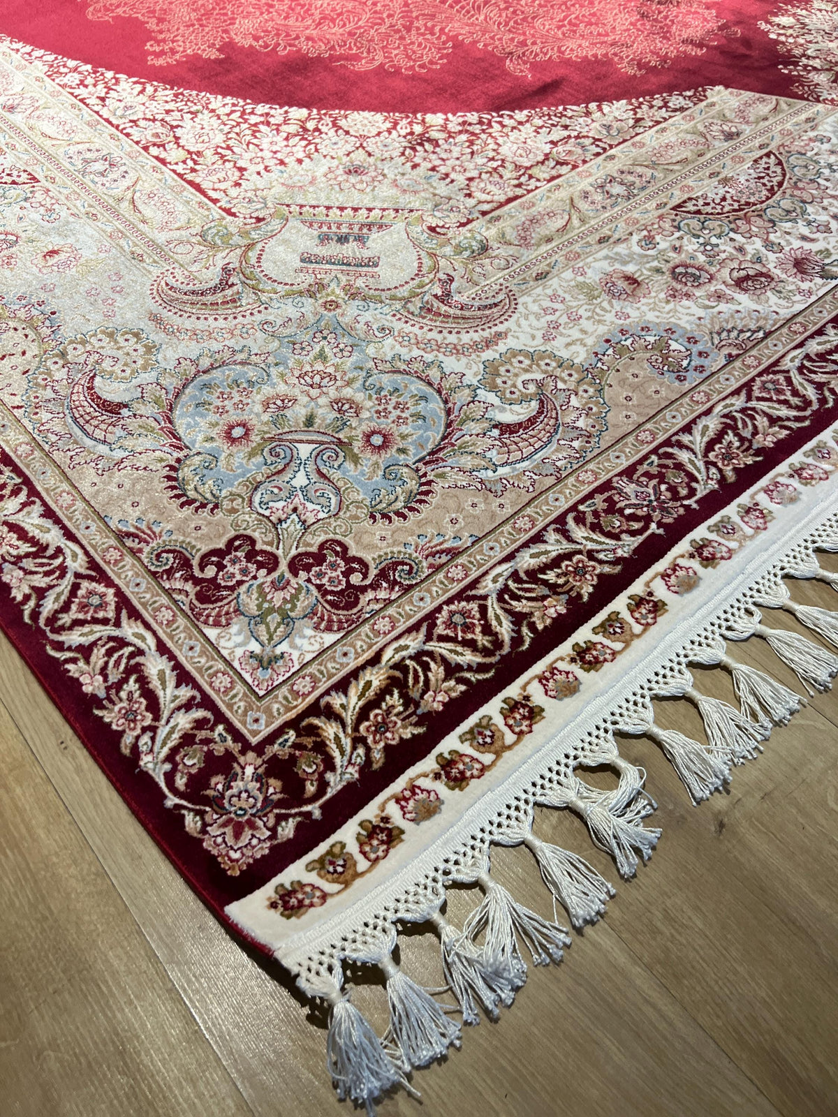 8x11 ft Bamboo Silk Rug, Large Luxury Area Rug with Red Medallion Design