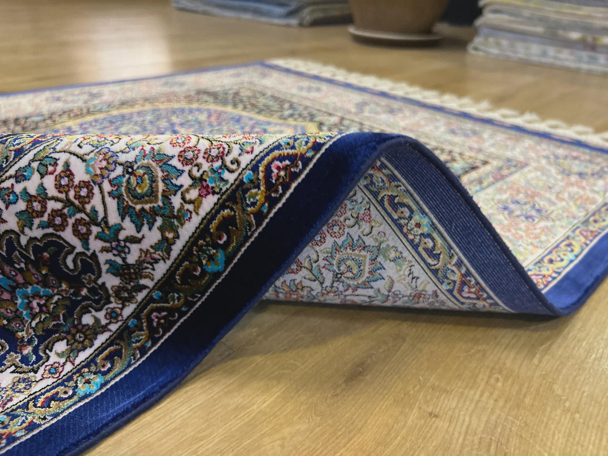 Navy Blue Silk Muslim Prayer Rug, Janamaz Mat, Prayer Gift