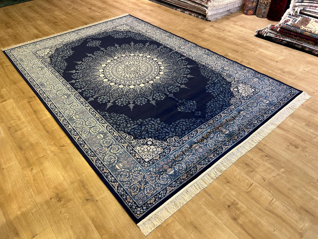 7x10 ft Elegant Navy Blue Silk Rug, Traditional Classic Medallion