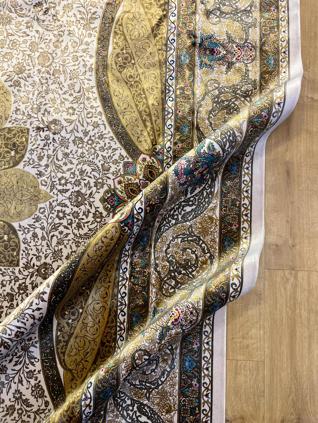 Gold Ivory Modal Silk Rug 8x11 ft, Medallion Design