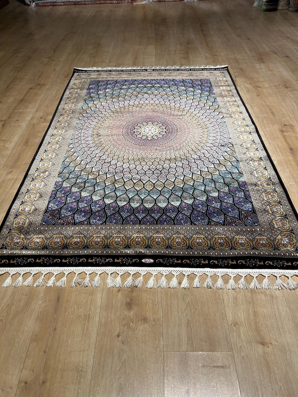 4x6 ft Blue Gold Silk Rug, Medallion Design, Classic Turkish Style Carpet, Luxury Rug
