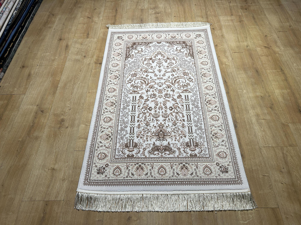 2.55x4.10 Ft Ivory Beige Brown Silk Prayer Rug, Muslim Gift Prayer Mat