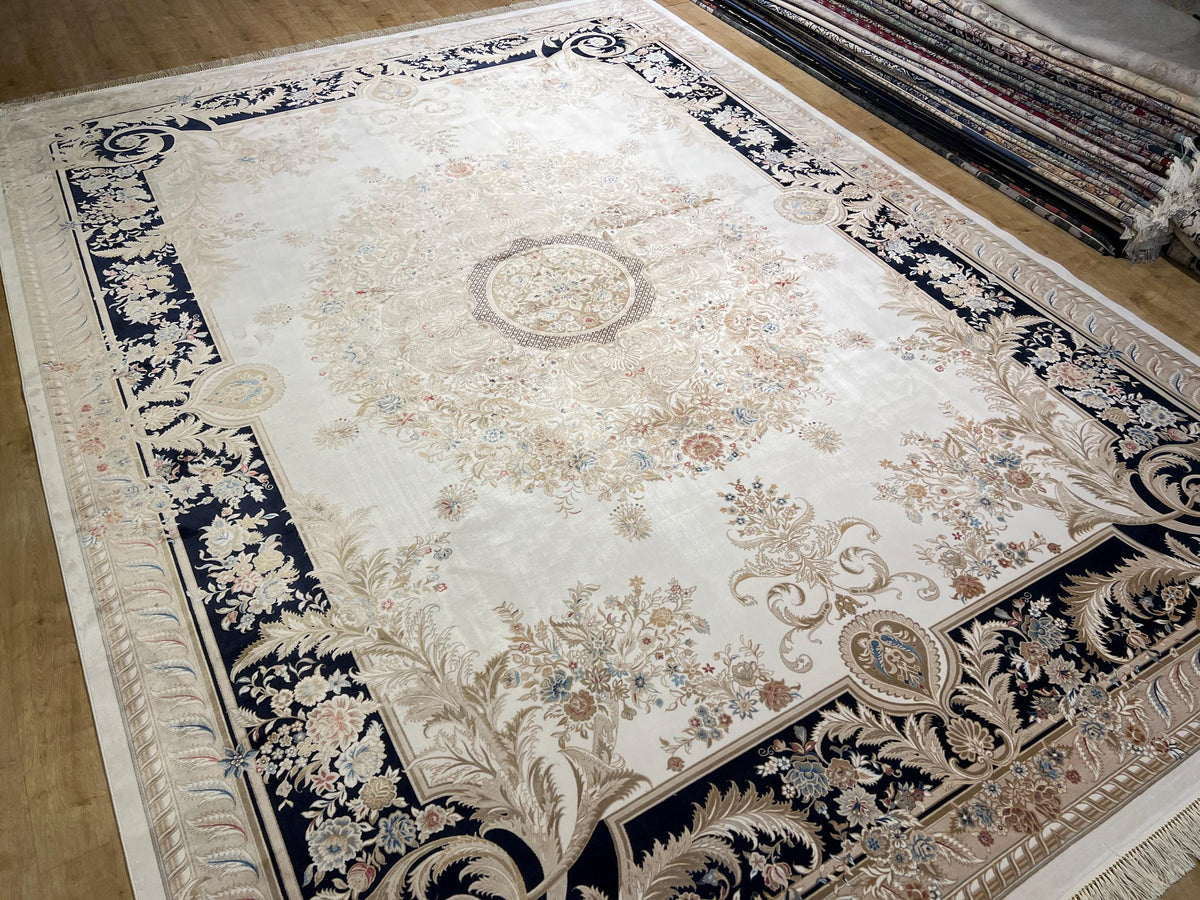 10x13 ft Ivory Silk Rug with Navy Blue Border Gold Medallion, Big Silk Carpet