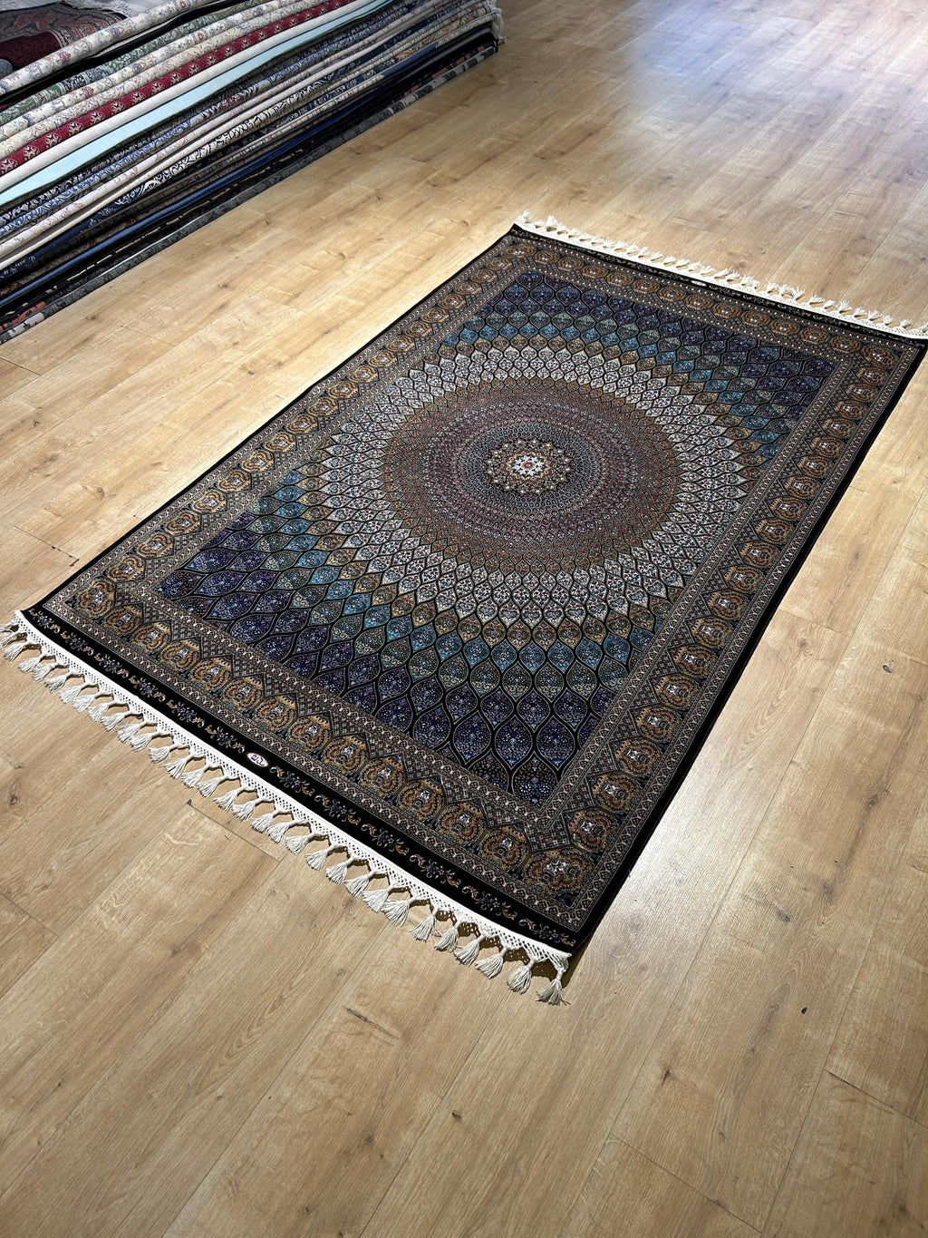 4x6 ft Blue Gold Silk Rug, Medallion Design, Classic Turkish Style Carpet, Luxury Rug