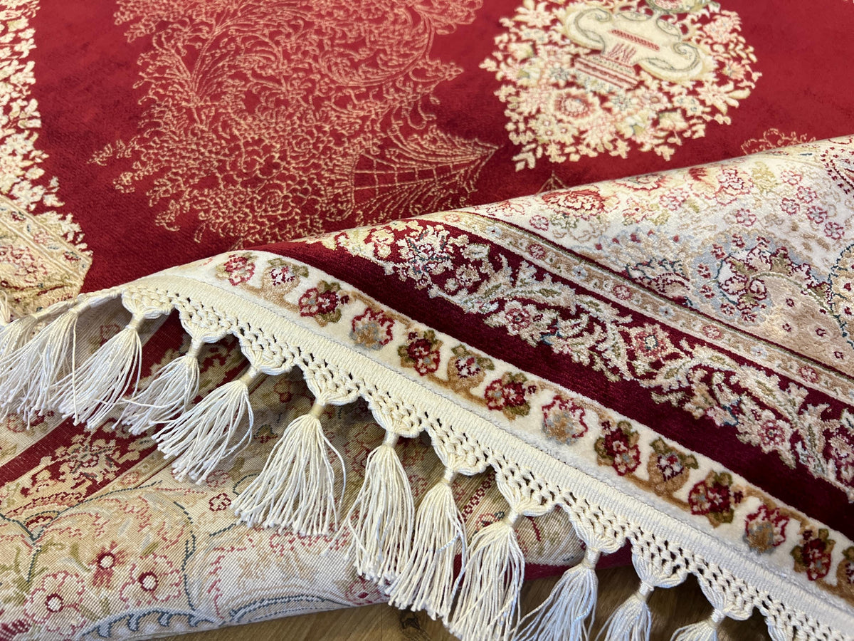5x8 ft Red Silk Rug, Grand Gold Medallion, Classic Turkish Style, Luxury Carpet