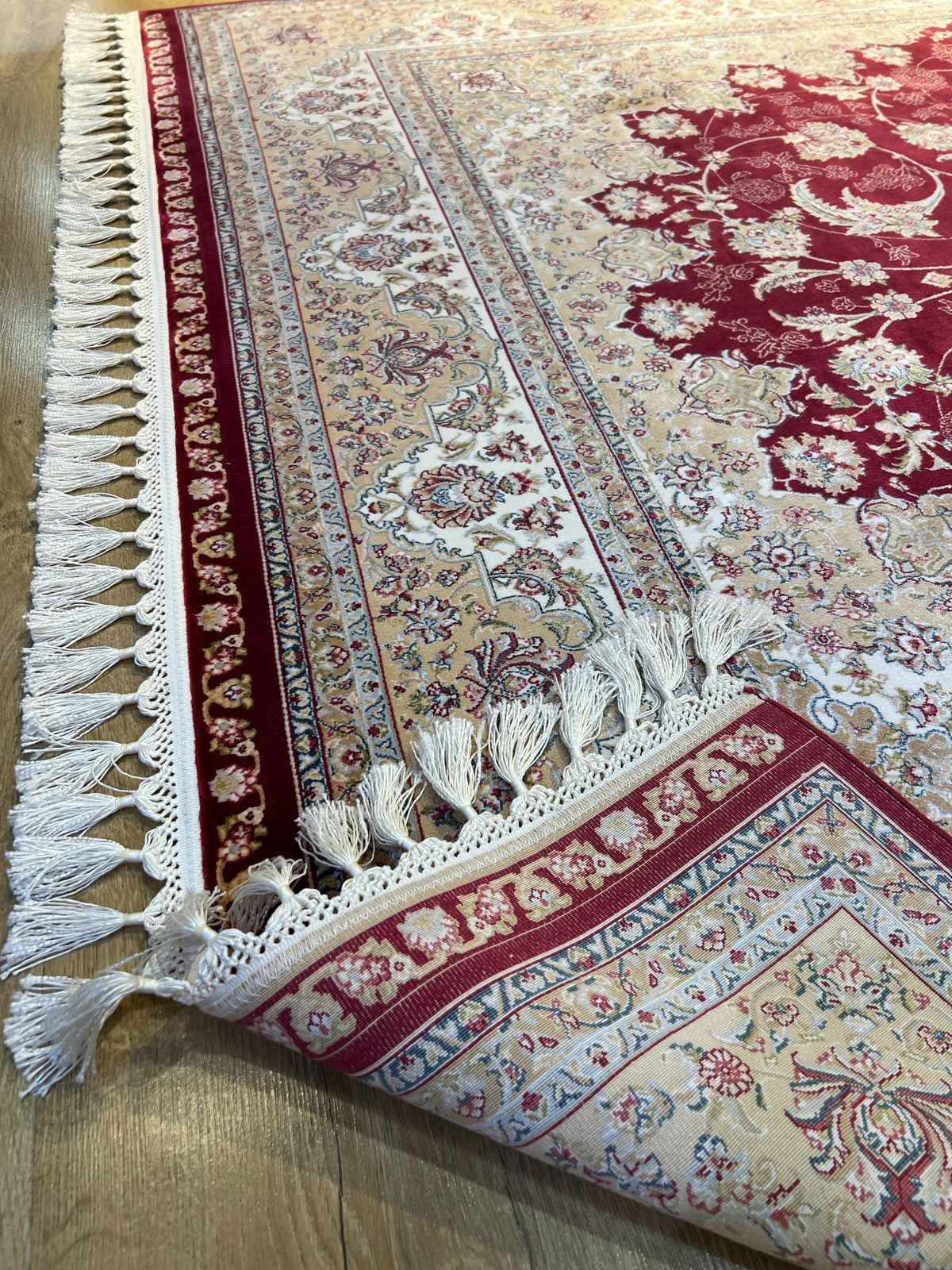 5x8 ft Classic Silk Carpet, Red Base Gold Medallion, Turkish Style