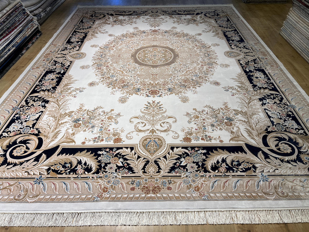 10x13 ft Ivory Silk Rug with Navy Blue Border Gold Medallion, Big Silk Carpet