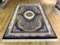 7x10 ft Navy Silk Rug with Peacock Medallion, Classic Luxury Design