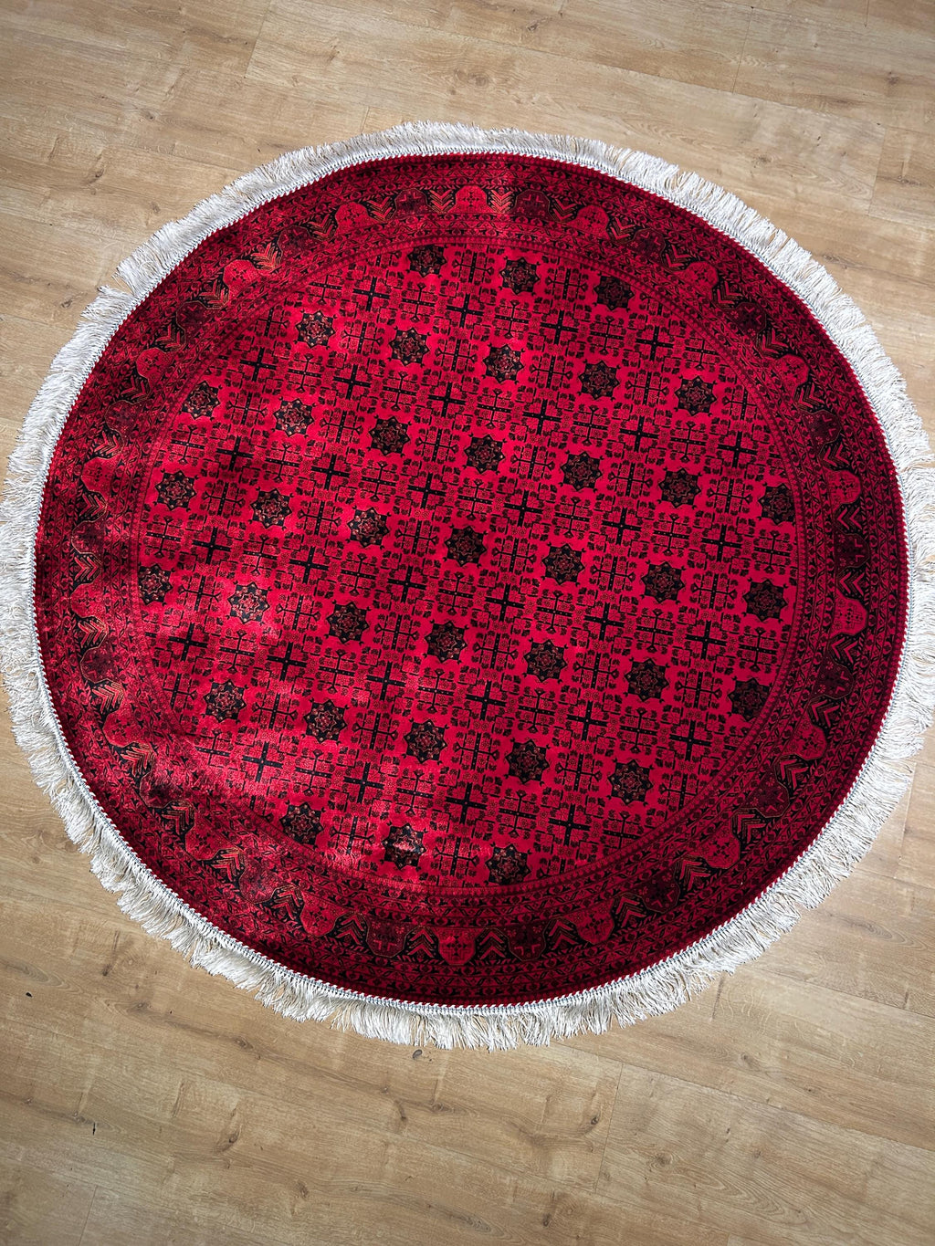 5x5 Ft Red Silk Round Rug, Ethnic Pattern Turkish Silk Carpet, Traditional Design