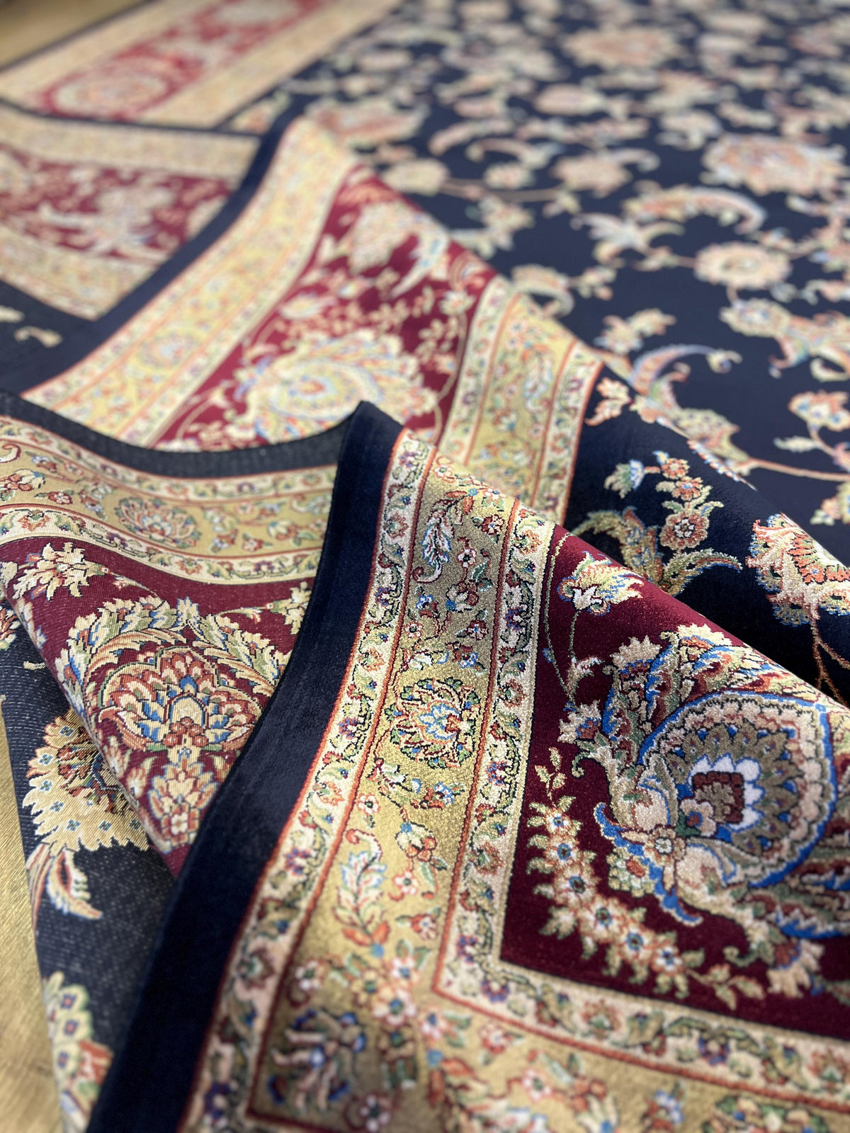 Dark Blue Red Silk Rug 10x13 ft, Turkish Ottoman Style, Oversized Soft Area Rug
