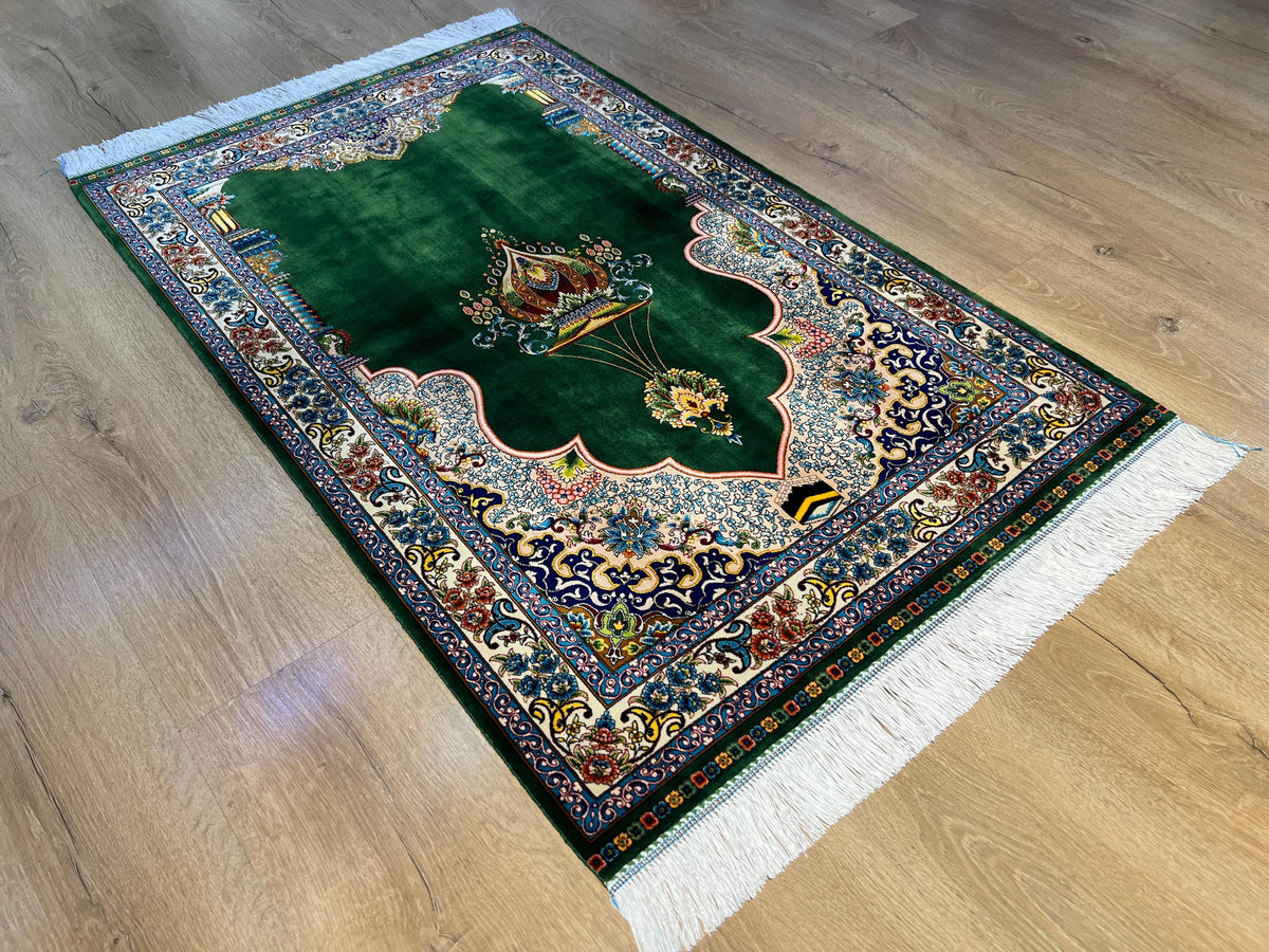 Green Modal Silk Prayer Rug, Luxury Muslim Gift Mat (2.62X4.10 ft) Janamaz Mat
