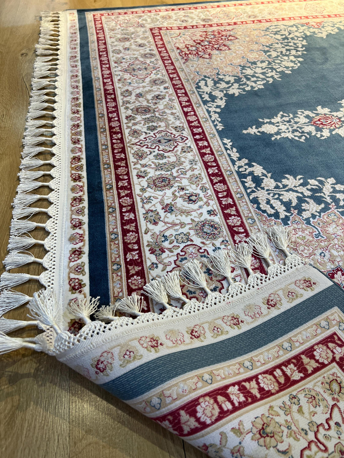 5x8 ft Blue Red Bamboo Silk Rug, Classic Medallion Rug