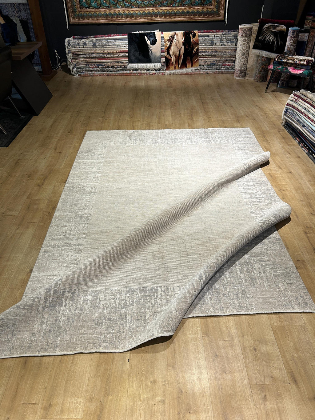Beige Gray Bamboo Rug with Bordered Modern Patterns