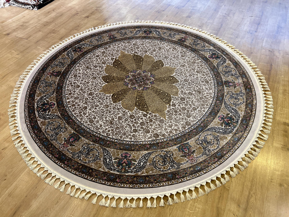 Ivory Gold Silk Round Rug, Medallion Design Rug, Classic Style Carpet