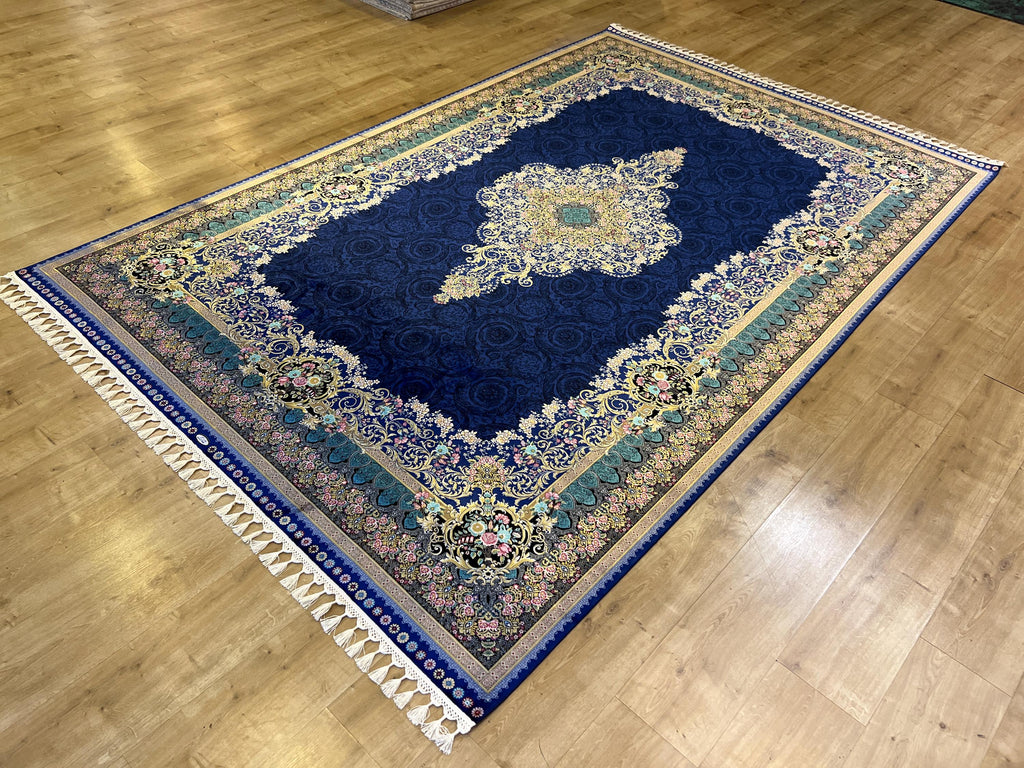 7x10 ft Navy Blue Silk Rug with Floral Medallion, Classic Turkish Style
