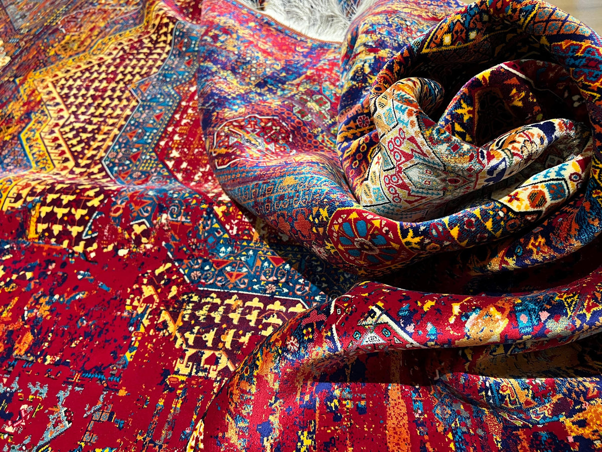 7x10 Ft Red Blue Colourful Silk Rug, Luxury Medallion Design, Traditional Pattern