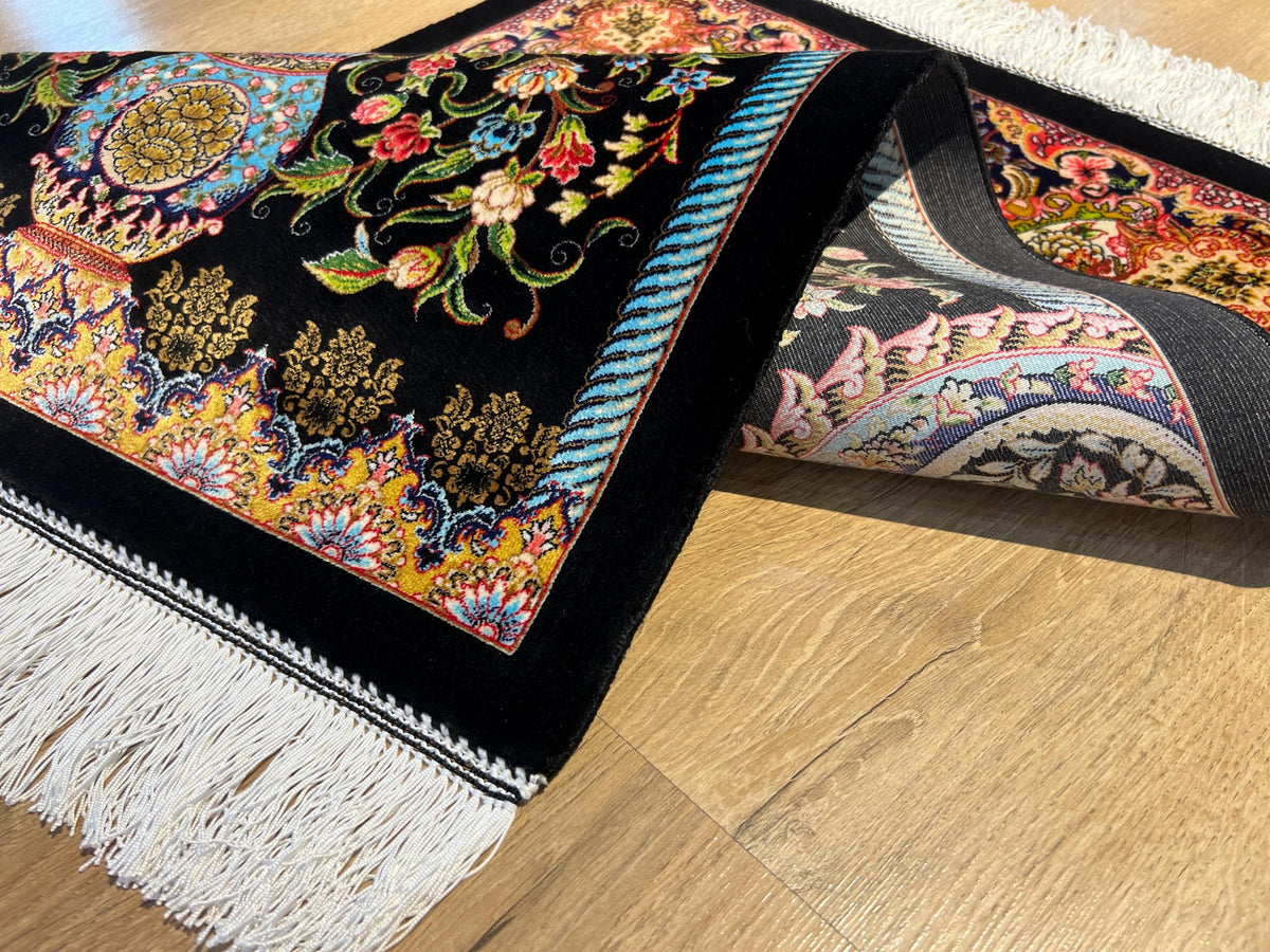 1.64x2.62 ft Black Floral Silk Tapestry Rug for Elegant Wall Decor