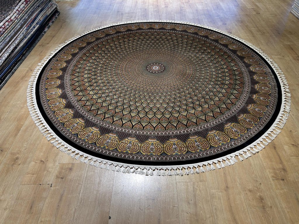Black Gold Round Silk Rug, Classic Turkish Style Carpet, Medallion Design
