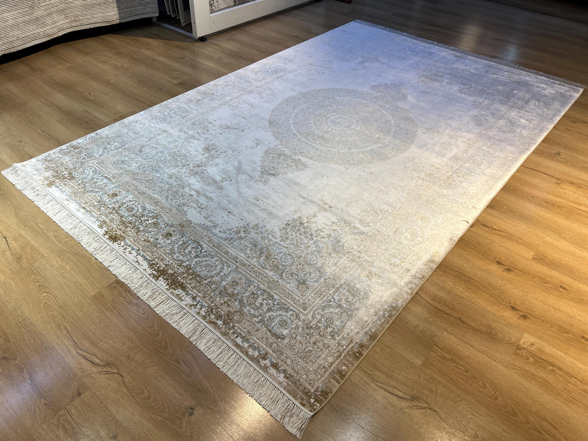 Cream Silk Rug with Beige Medallion and Border, Antique Style