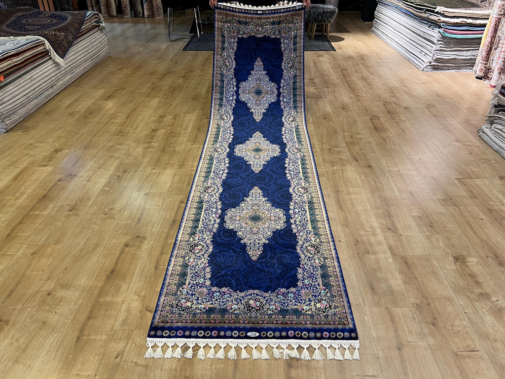 Navy Blue Medallion Silk Runner Rug, 3x10 ft, Turkish Style Classic Luxury Hallway Rug
