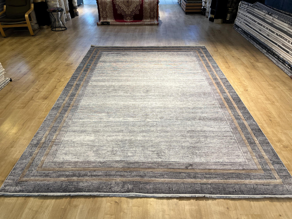 8x11 ft Gray Modern Bamboo Rug with Gold Border Design