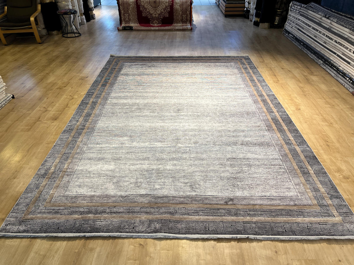8x11 ft Gray Modern Bamboo Rug with Gold Border Design