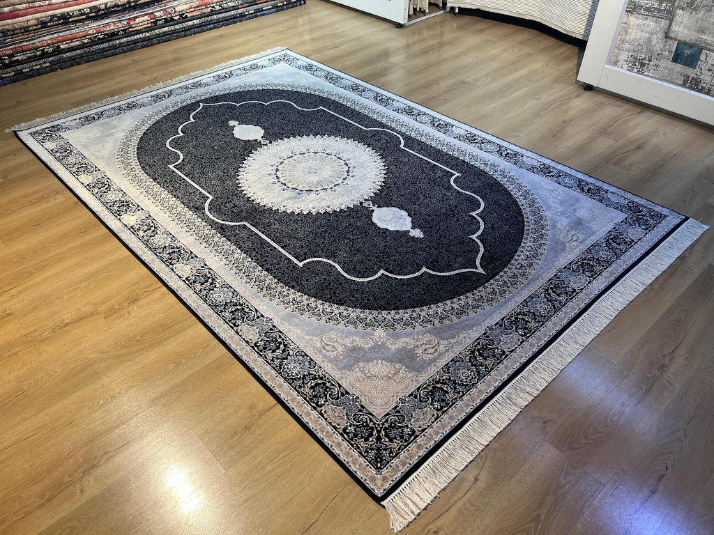 7x10 ft Black Silk Bamboo Rug with Medallion, Luxury Classic Design