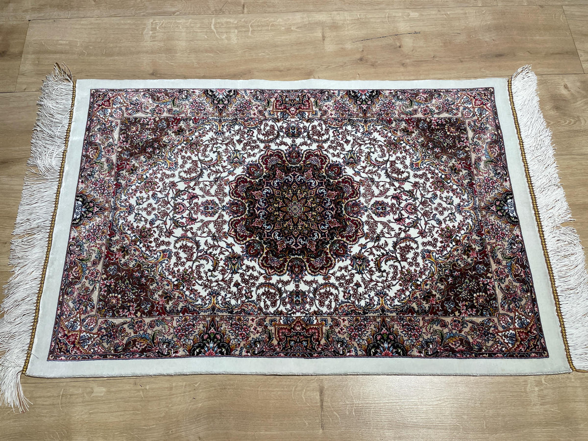 Cream Small Silk Rug, Ornate Medallion Silk Carpet, Luxury Home Decor