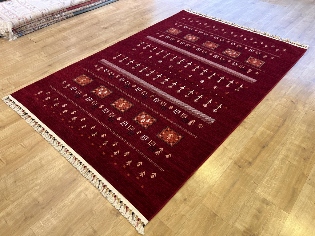5x8 ft Red Wool Area Rug, Tree of Life Design, Ethnic Geometric Traditional Decor