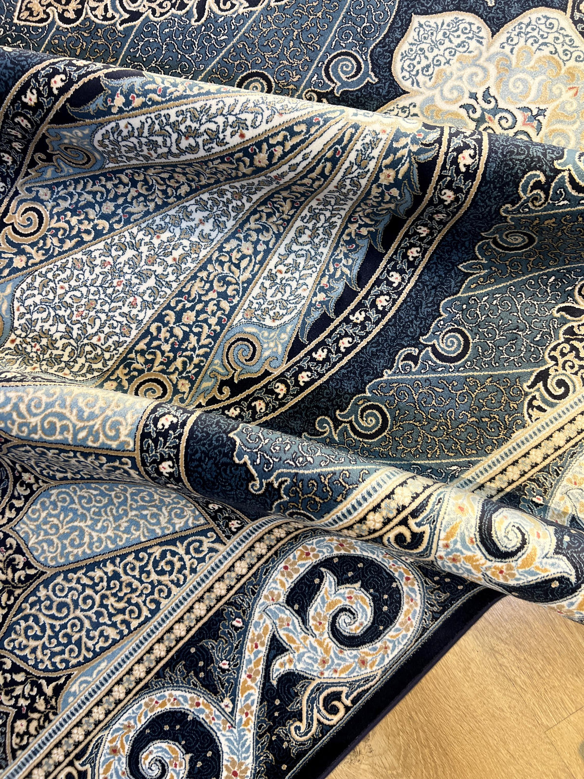 7x10 ft Navy Blue Silk Rug, Classic Ornamental Pattern, Turkish Silk Rug