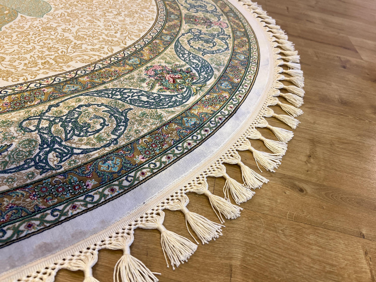 Floral Silk Circle Rug, Green Blue Gold, Turkish Carpet (5.24 ft)