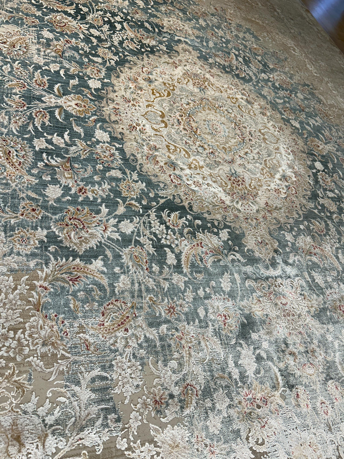 Beige Blue Silk Rug, Medallion Design Classic Silk Carpet