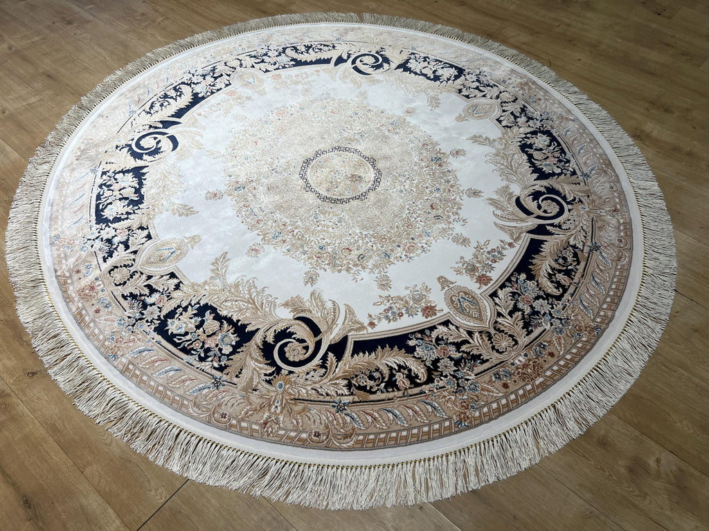 5x5 ft Round Tukish Silk Rug, Floral Gold Medallion, White Blue Carpet