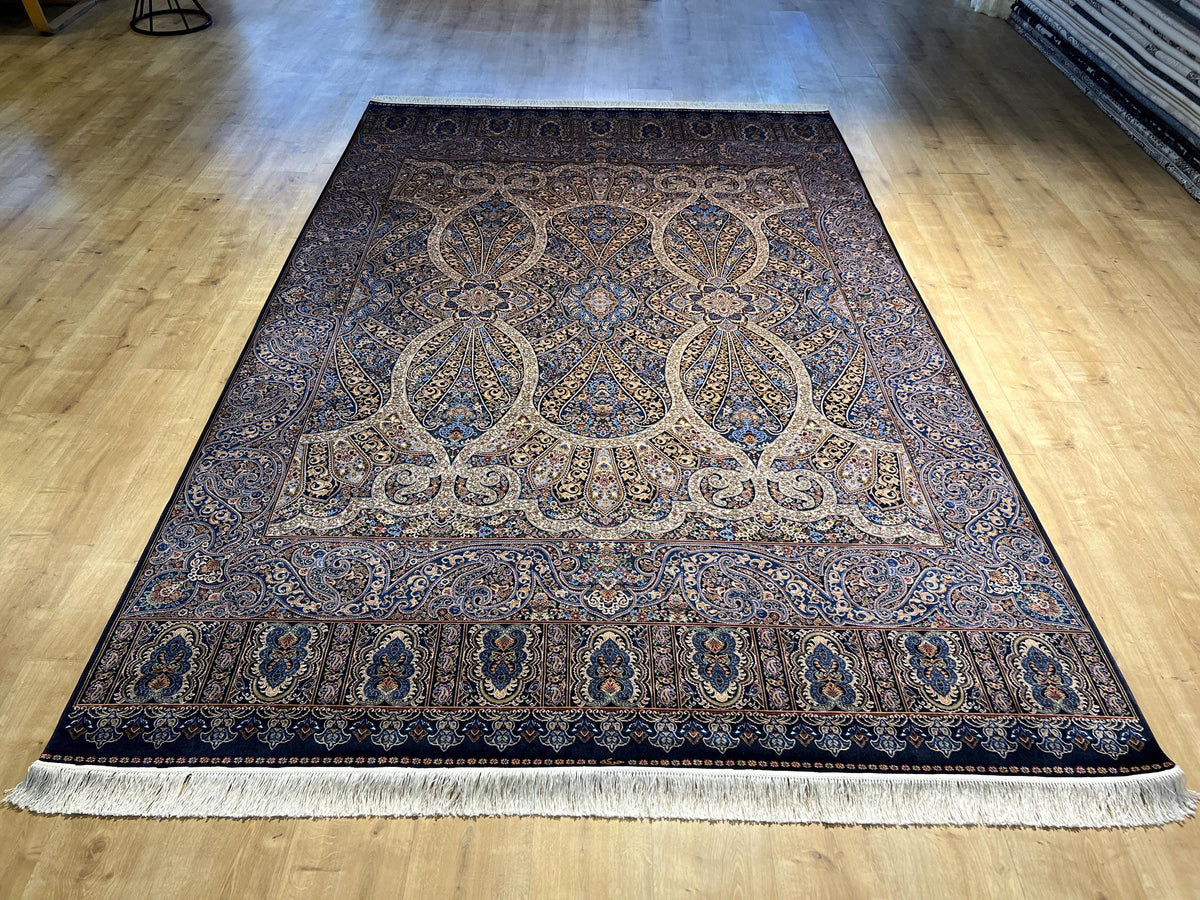 7x10 ft Blue Gold Silk Rug, Classic Turkish Carpet, Luxury Floral Design, Area Rug