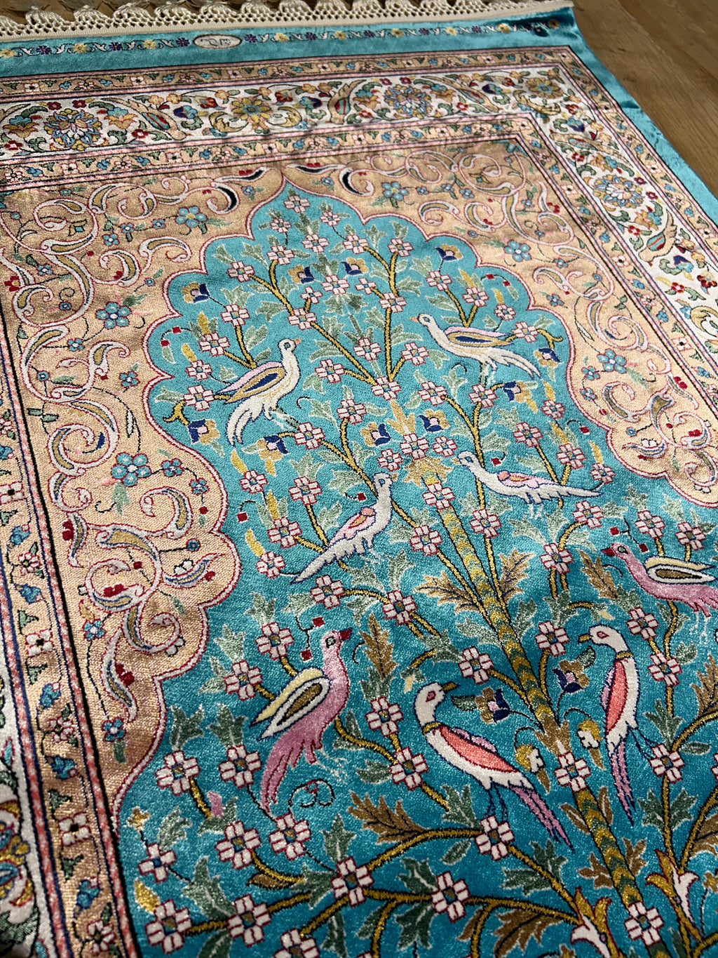 2.62x4.10 ft Blue Silk Prayer Rug, Floral and Bird Design Mat, Muslim Janamaz Mat