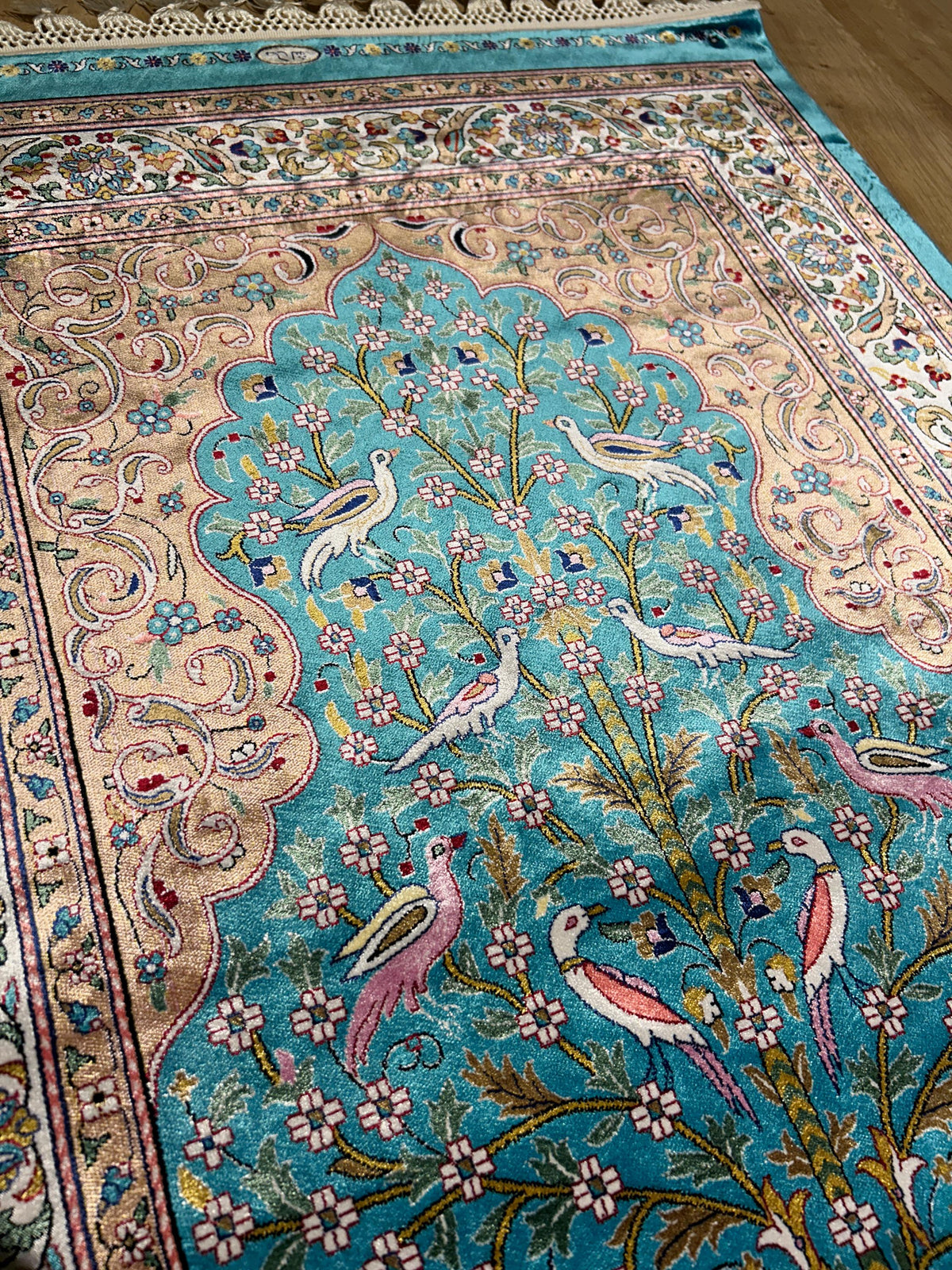 2.62x4.10 ft Blue Silk Prayer Rug, Floral and Bird Design Mat, Muslim Janamaz Mat