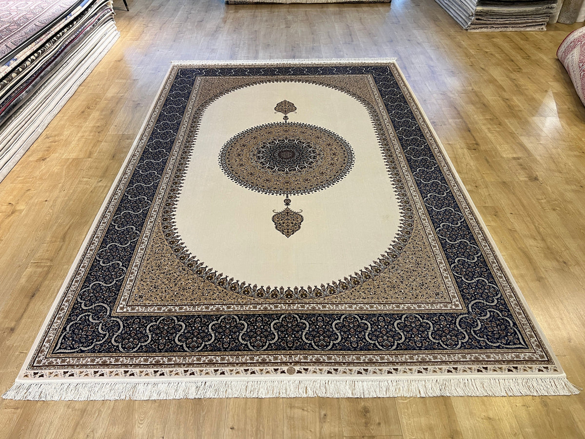 7x10 ft Ivory Silk Rug, Navy Border with Gold Medallion Design