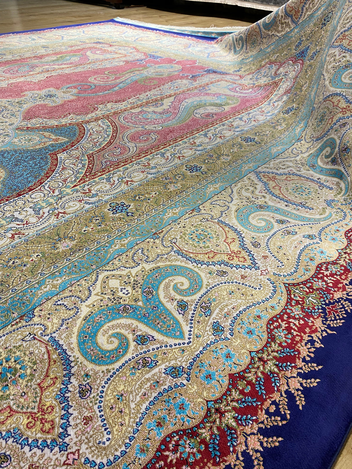Pink Navy Medallion Design Silk Carpet, Turkish Style Carpet, Luxury Rug