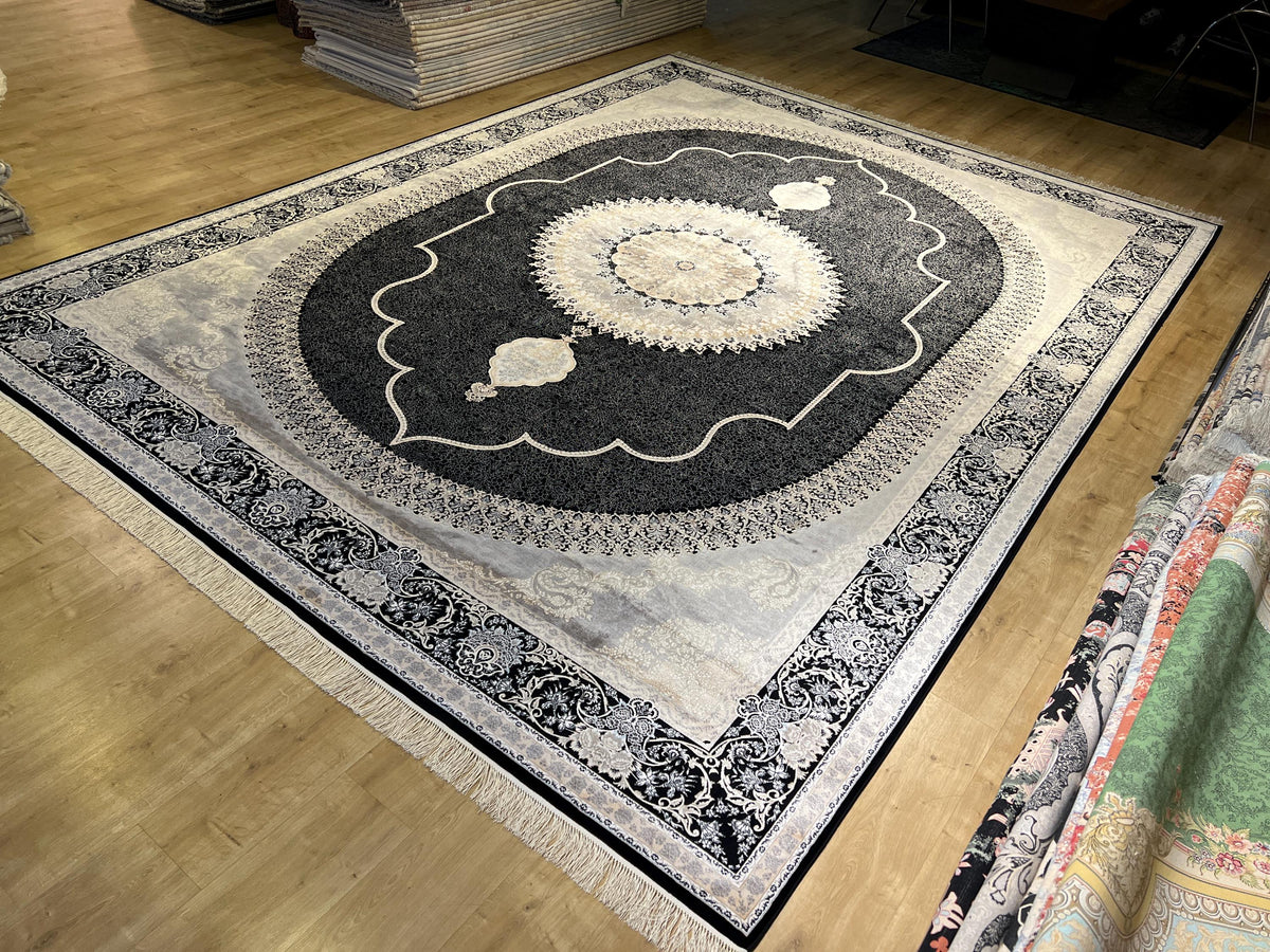 10x13 ft Black Classic Medallion Silk Rug with Gold Motifs, Big Silk Carpet