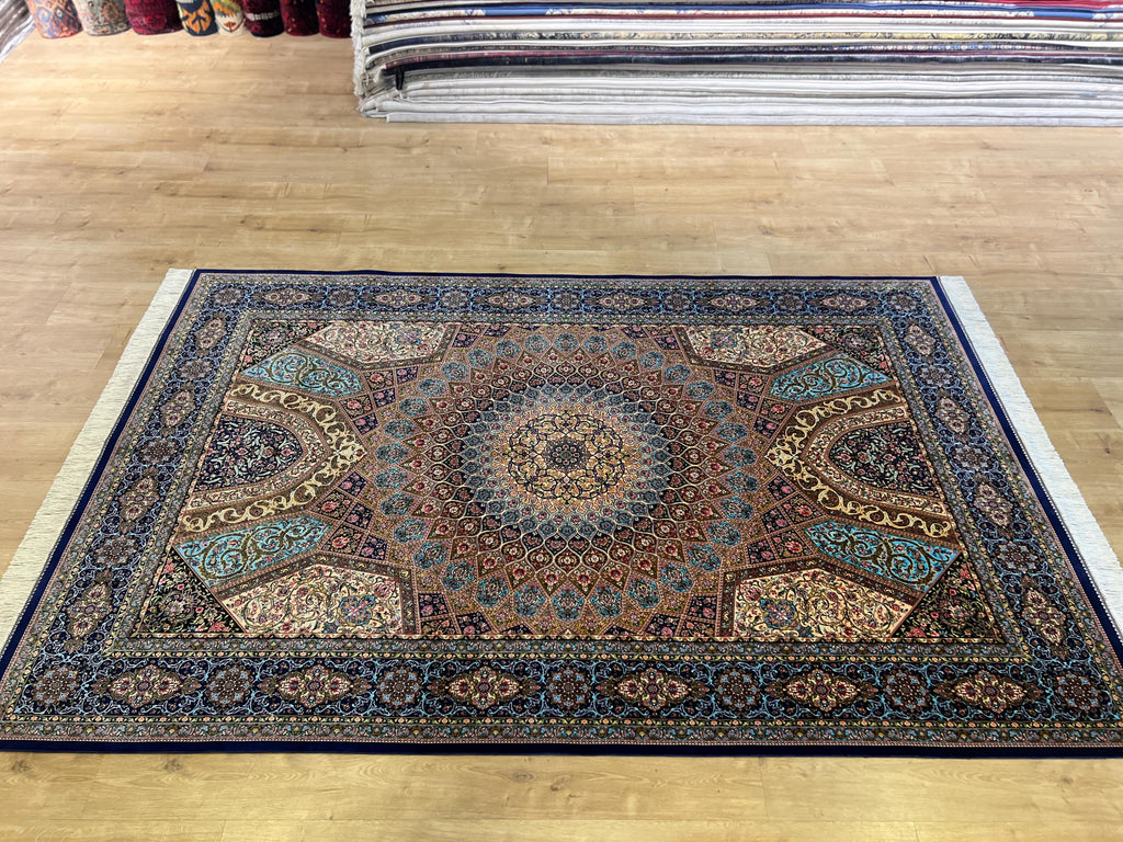5x8 ft Silk Rug, Navy Blue Gold Medallion, Classic Turkish Style, Luxury Carpet