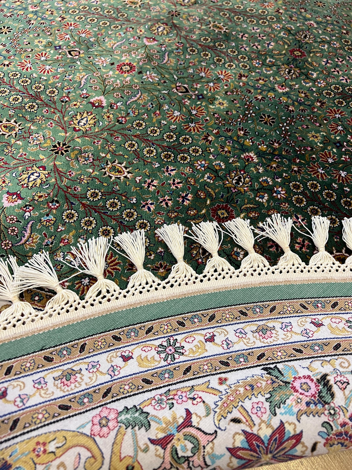 Green Beige Silk Circle Rug, Turkish Carpet, 5.24 ft