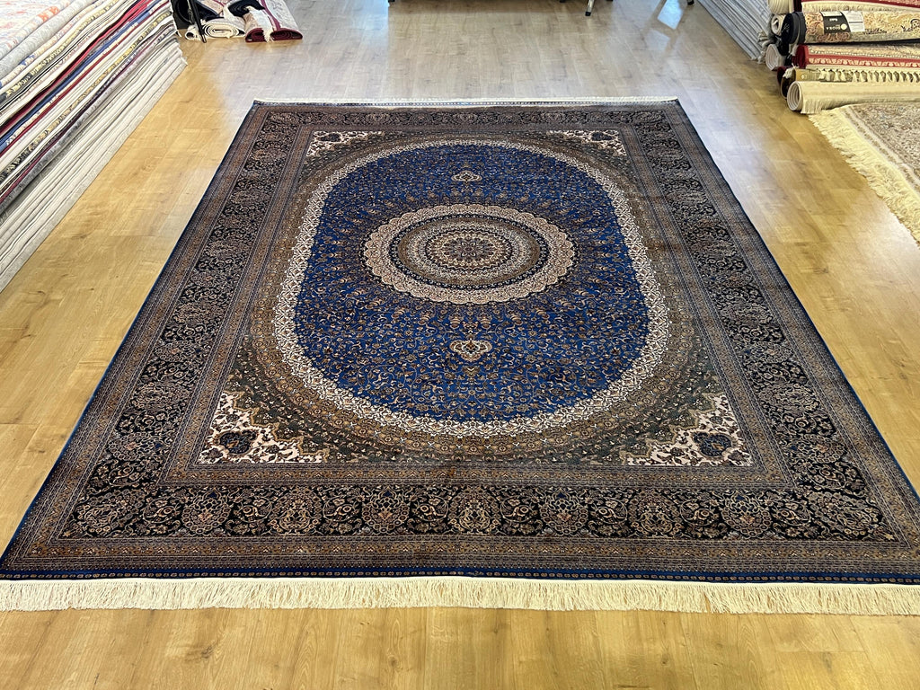 Blue Beige Silk Palace Rug, Traditional Turkish Carpet (8x11 ft)