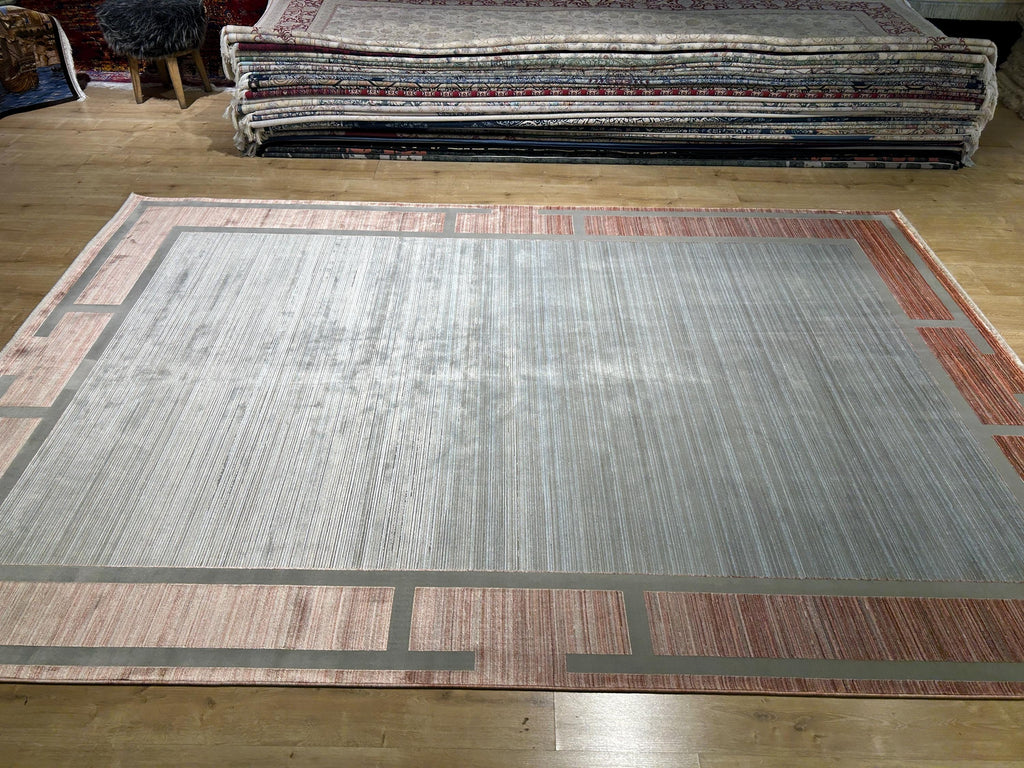 7x10 ft Pink Gray Beige Bamboo Rug, Bordered Minimalist Modern Rug, Oversize Carpet