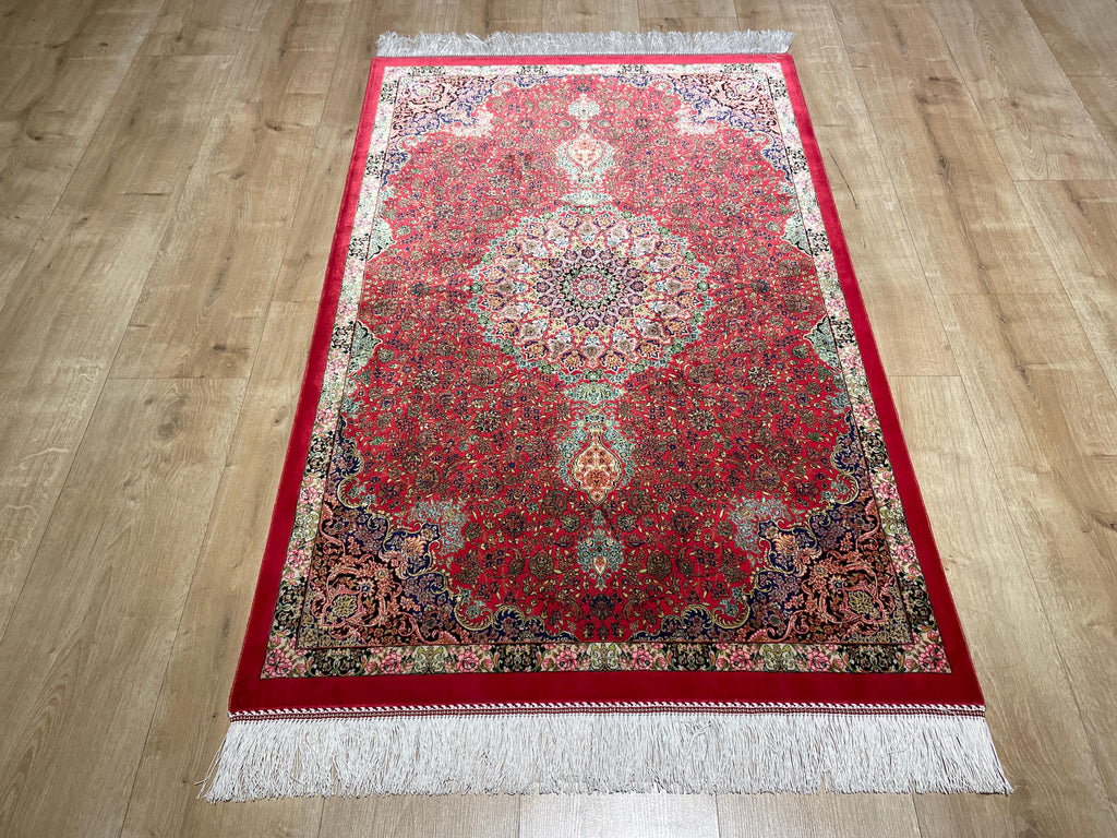Red Small Silk Rug, Medallion Design Small Gift Carpet, Luxury Home Decor