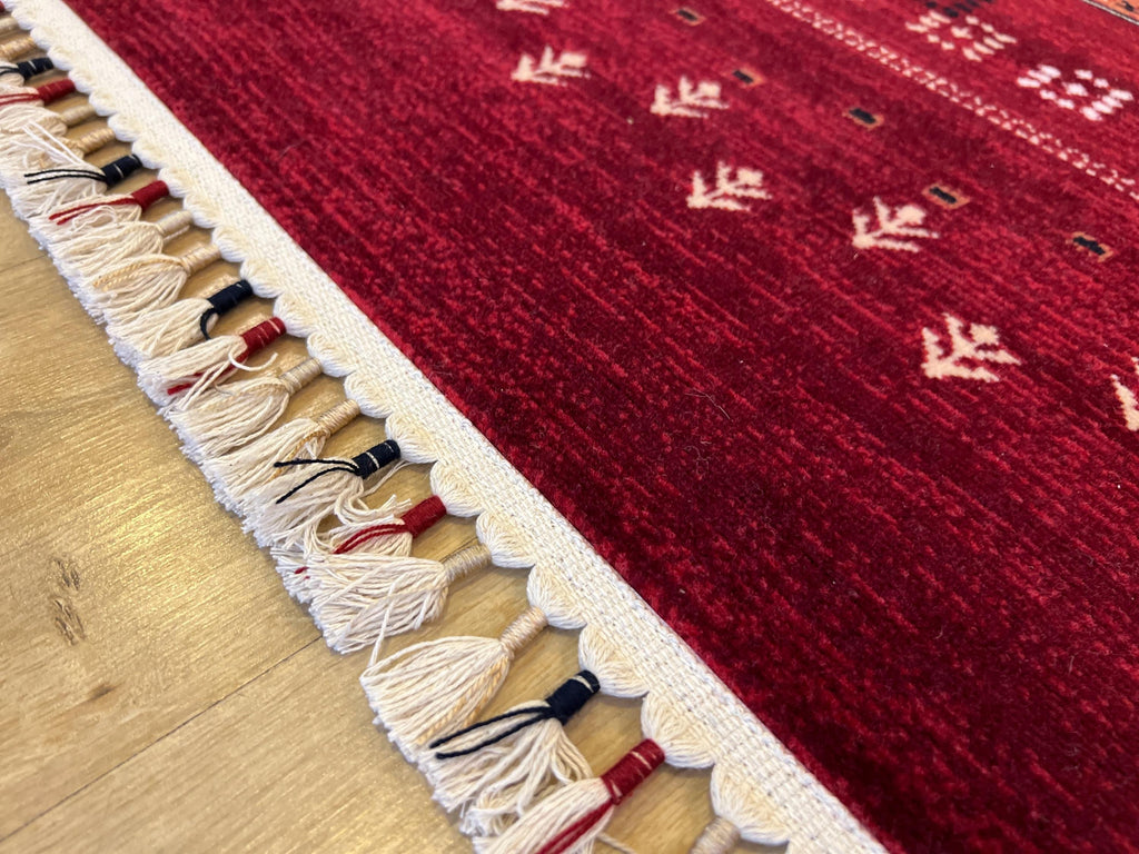 5x8 ft Red Wool Area Rug, Tree of Life Design, Ethnic Geometric Traditional Decor