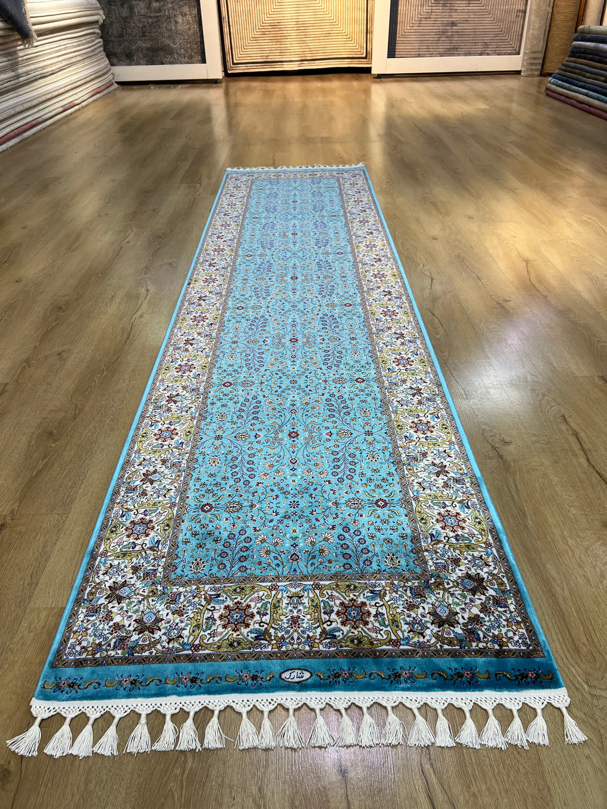 Blue Beige Modal Silk Rug, Turkish Carpet 3x10 ft, Luxury Home Decor